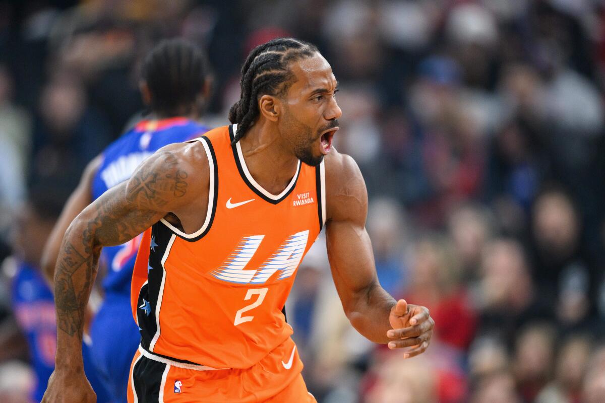 Clippers star Kawhi Leonard reacts during the first half of Sunday's win over the Detroit Pistons at Intuit Dome.