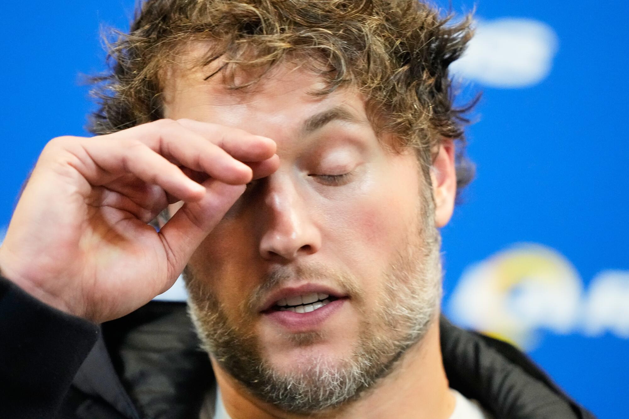 Rams quarterback Matthew Stafford speaks to reporters after a 27-24 loss to the Atlanta Falcons on Monday.