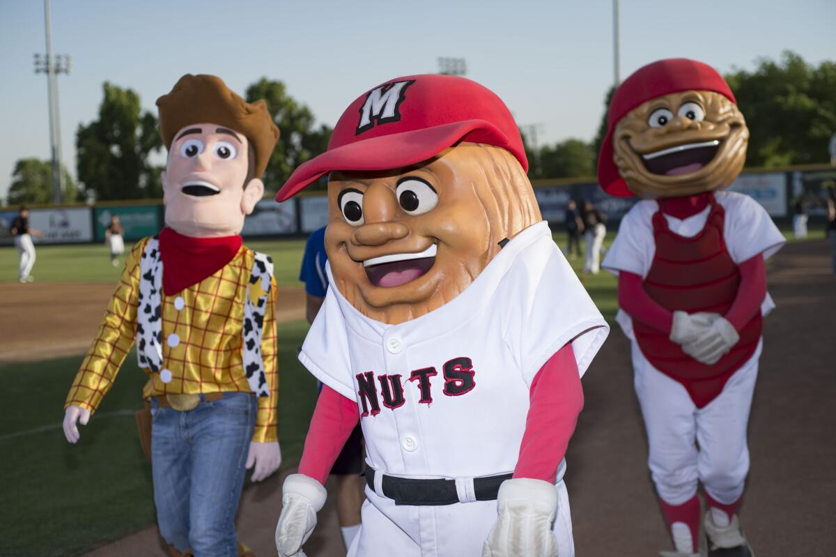 Modesto Nuts mascots Al the Almond and Wally the Walnut, along with special guest Woody from Disney's Toy Story
