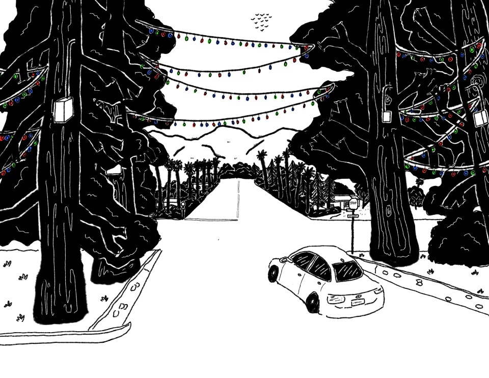 A black and white illustration of large trees with christmas lights, colored in red, blue, and green dots. A car waits at a stop sign at an intersection where homes, palm trees, and other trees stand before large mountains.
