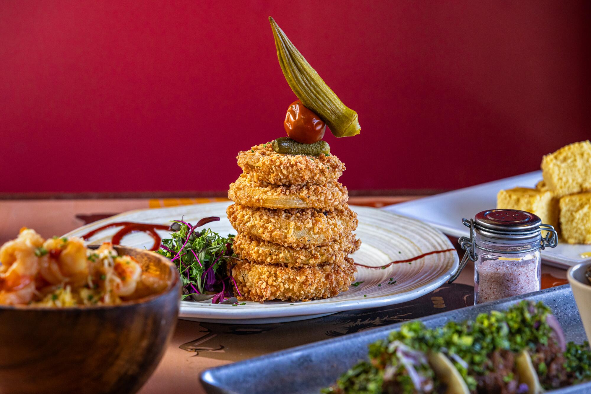 Fried green tomatoes with a side salad and remoulade from My Two Cents.