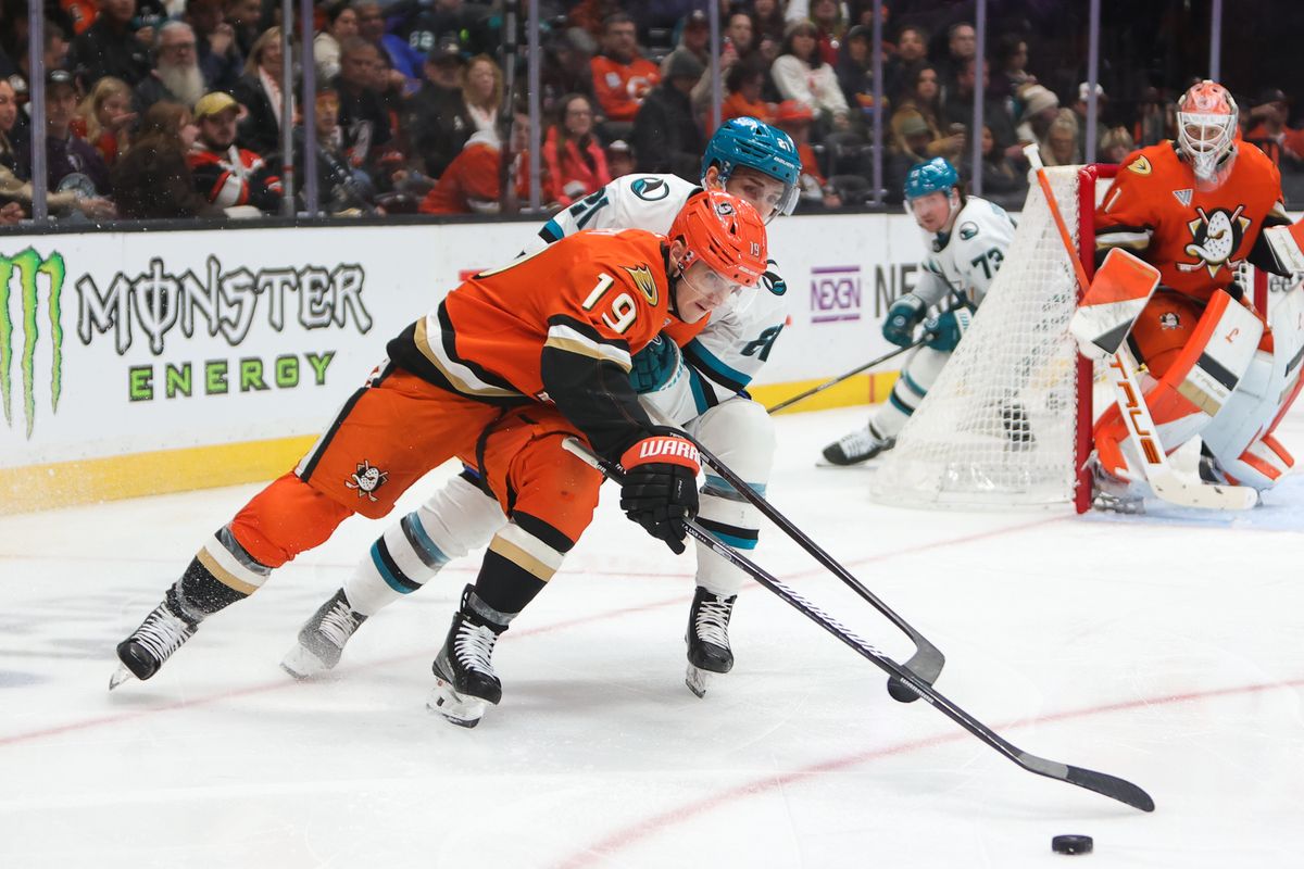 #19 RW Troy Terry of the Anaheim Ducks chases after the puck during an NHL game against the San Jose Sharks on December 29, 2025 in Anaheim, California.