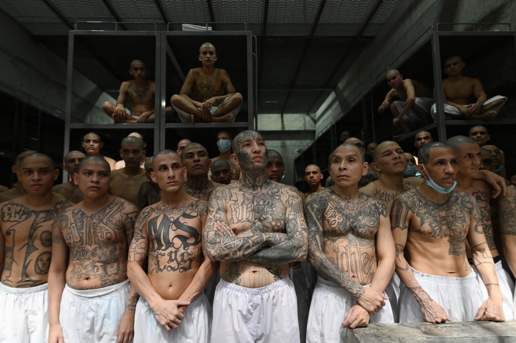 Inmates, many with full-body tattoos, stand and sit in cells at the CECOT mega-prison in El Salvador.