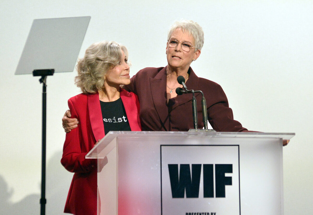 Jane Fonda presents Jamie Lee Curtis the Jane Fonda Humanitarian Award onstage at the 2025 WIF Honors Gala.