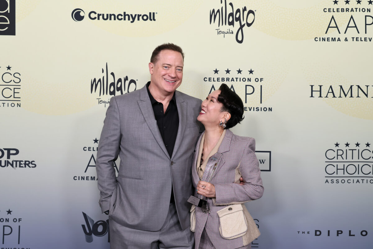 LOS ANGELES, CALIFORNIA - NOVEMBER 14: (L-R) Brendan Fraser and Hikari pose with the Director Award during The Critics Choice Association's 4th Annual Celebration of AAPI Cinema & Television at Four Seasons Hotel Los Angeles at Beverly Hills on November 14, 2025 in Los Angeles, California. (Photo by Rodin Eckenroth/Getty Images for Critics Choice Association)