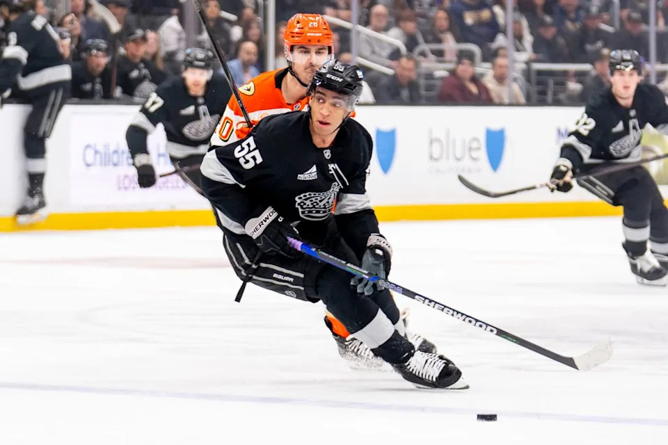 Los Angeles Kings RW Quinton Byfield (55) steals the puck during an NHL game against the Anaheim Ducks, Saturday December 27th, 2025 in Los Angeles, California.