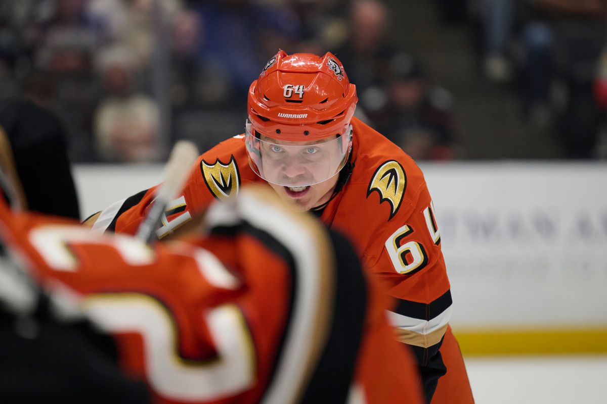 Mikael Granlund #64 of the Anaheim Ducks looks for the drop against the Blue Jackets at the Honda Center on December 20,2025 in Anaheim, California. Mikael Granlund #64 of the Anaheim Ducks looks for the drop against the Blue Jackets at the Honda Center on December 20,2025 in Anaheim, California.