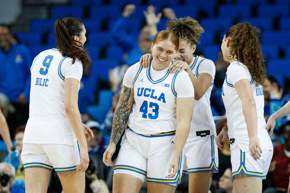 UCLA Bruins forward Megan Grant (43) celebrates after scoring a basket during an NCAA basketball game against Long Beach State, Saturday December 20, 2025 in Los Angeles, Calif.