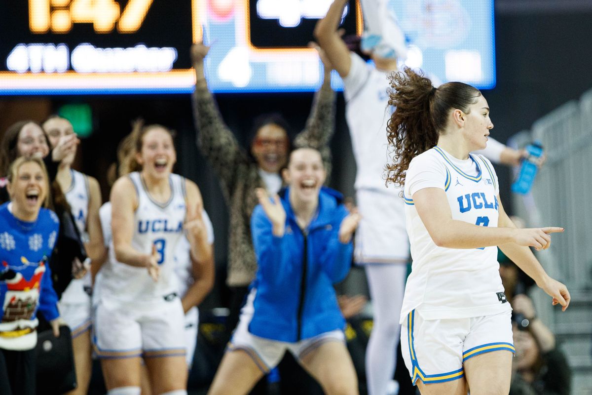 UCLA Bruins guard Christina Karamouzi (3) reacts after scoring a basket during an NCAA basketball game against Long Beach State, Saturday December 20, 2025 in Los Angeles, Calif.