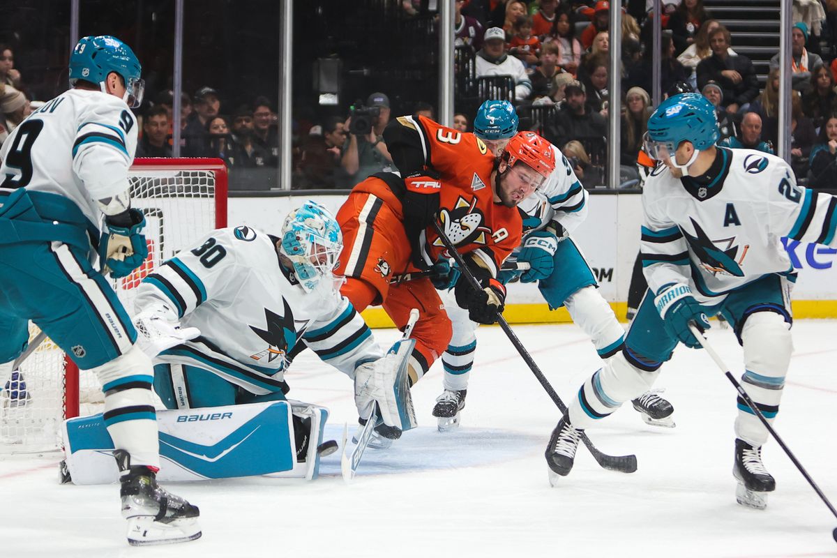 #30 G Yaroslav Askarov of the San Jose Sharks attempts to make a save during an NHL game against the Anaheim Ducks on December 29, 2025 in Anaheim, CA.