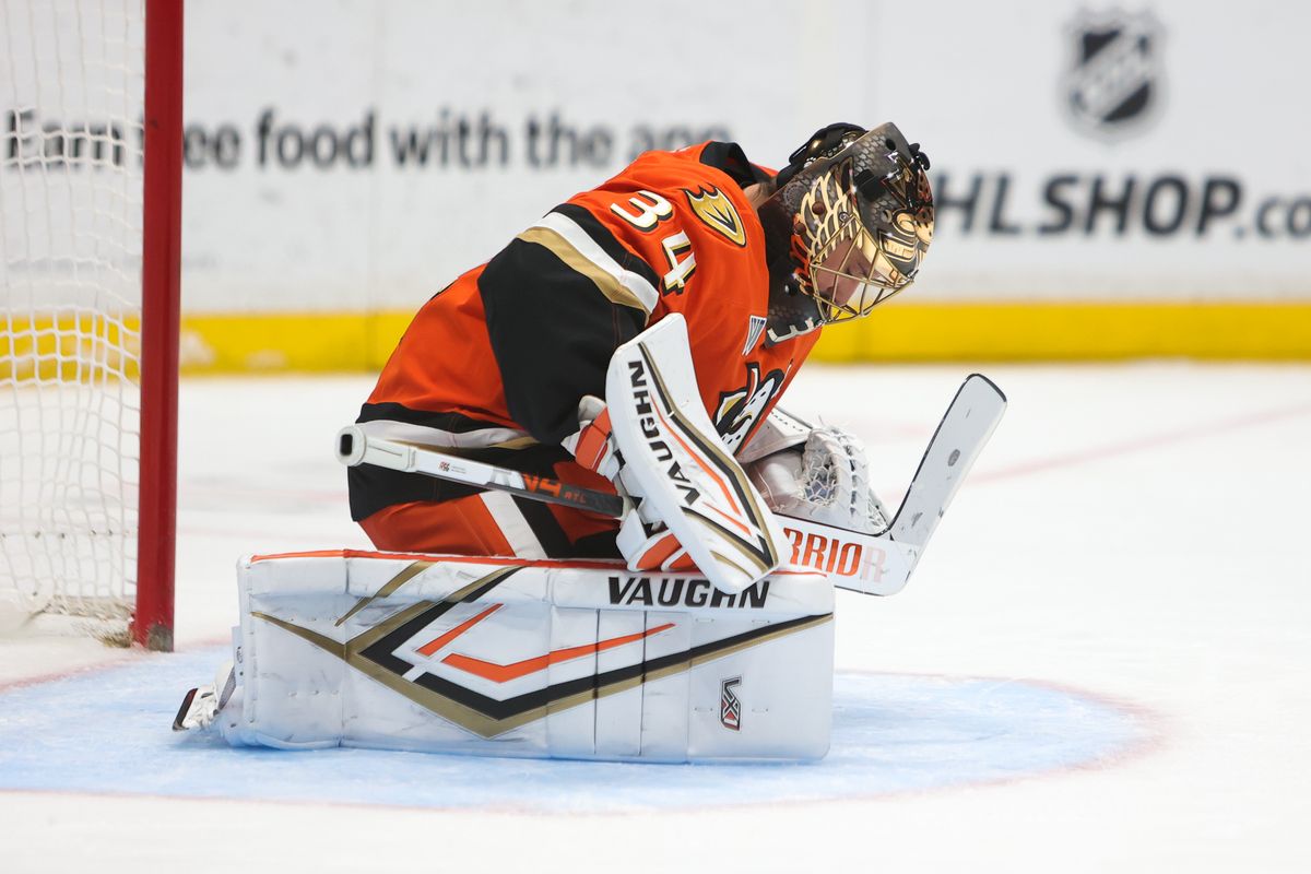 #34 G Petr Mrazek of the Anaheim Ducks warms up after checking in during an NHL game against the San Jose Sharks on December 29, 2025 in Anaheim, California.