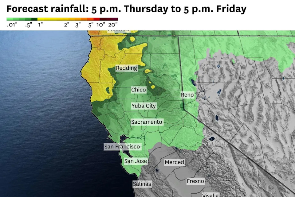 Forecasted rainfall amounts will be modest in the Bay Area, ranging from 0.25 to 0.5 inches of rain. Heavier rain is expected by Saturday night. (Baron/Lynx )
