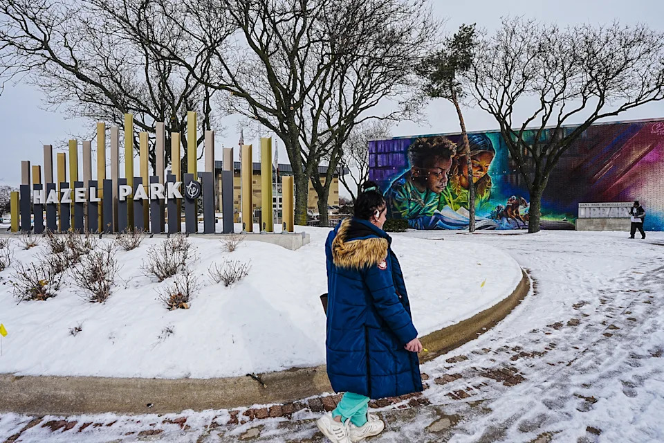 A sign for the Hazel Park community sits at the corner of E. 9 mile road and John R. Road in from of City Hall and the Hazel Park district library, where people frequently catch the bus, Dec. 1, 2025.