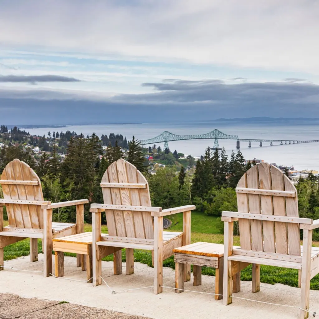 3 chairs overlooking Astoria Oregon  astounding scenery