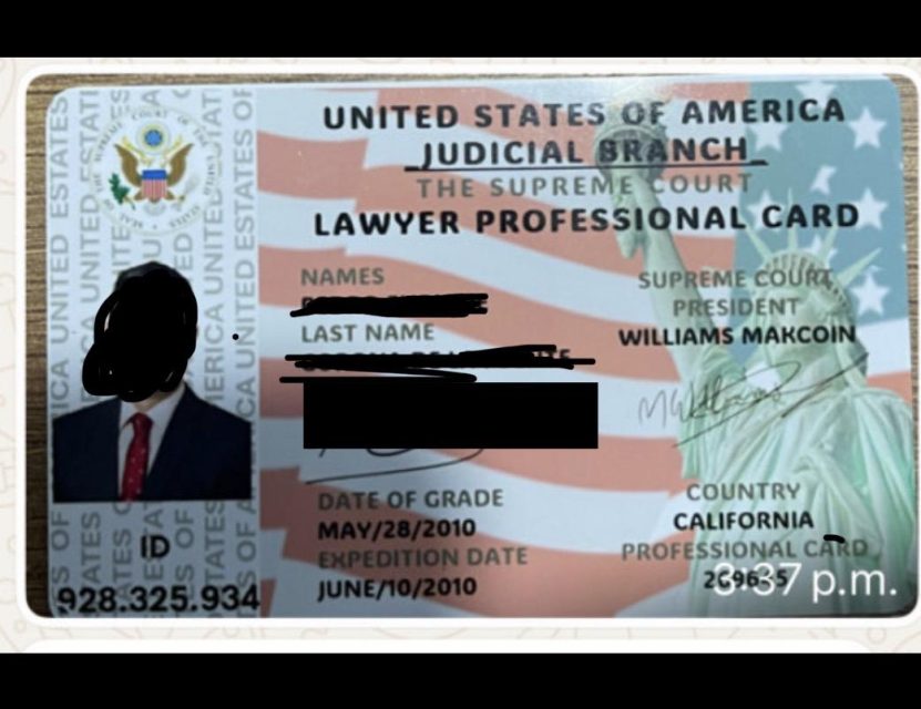 A United States Supreme Court Lawyer Professional Card with personal information redacted, featuring an American flag background and a photo of a person in a suit.