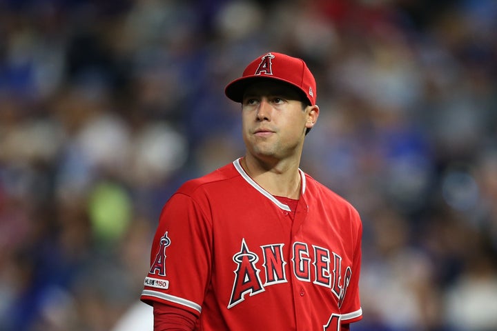 KANSAS CITY, MO - APRIL 26: Los Angeles Angels starting pitcher Tyler Skaggs looks to the video board as he leaves the game in the sixth inning of an MLB game between the Los Angeles Angels and Kansas City Royals on April 26, 2019 at Kauffman Stadium in Kansas City, MO. (Photo by Scott Winters/Icon Sportswire via Getty Images)
