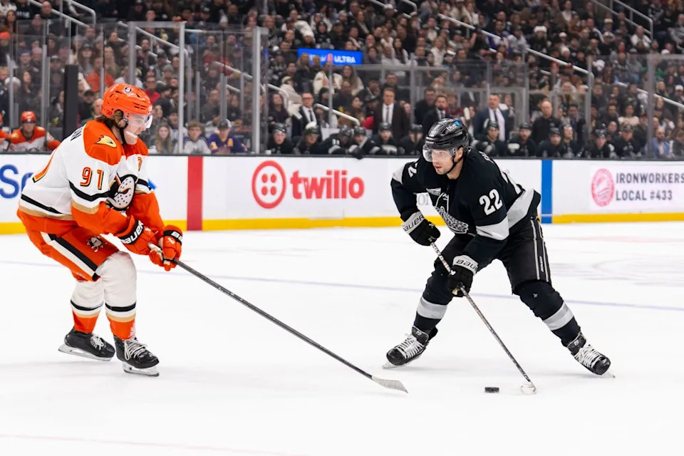 Los Angeles Kings LW Kevin Fiala (22) tries to get by the defender during an NHL game against the Anaheim Ducks, Saturday December 27th, 2025 in Los Angeles, California.
