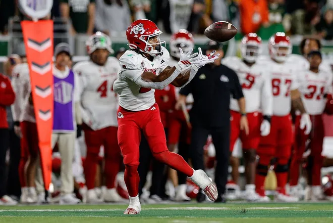 Oct 10, 2025; Fort Collins, Colorado, USA; Fresno State Bulldogs running back Rayshon Luke (2) makes a catch in the third quarter against the Colorado State Rams at Sonny Lubick Field at Canvas Stadium.