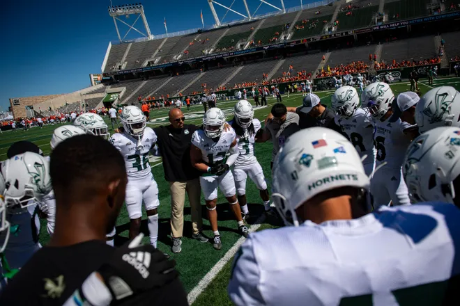 Members of the Sacramento State football team huddle before their game against Colorado State at Canvas Stadium in Fort Collins, Colo. on Saturday, Sept. 24, 2022.
Ftc 0924 Ja Csu Sac Fball 08