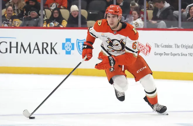 Dec 9, 2025; Pittsburgh, Pennsylvania, USA; Anaheim Ducks left wing Cutter Gauthier (61) skates up ice with the puck against the Pittsburgh Penguins during the second period at PPG Paints Arena.