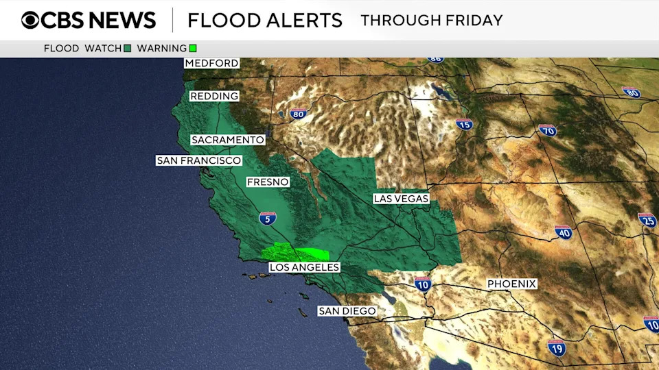 Map shows areas of California under flood watches or warnings through Friday, Dec. 26, 2025.