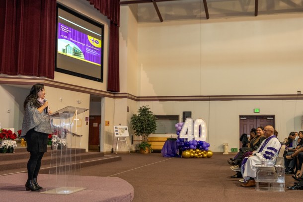 Sacramento City Councilmember Mai Vang addresses congregants at Antioch Progressive Church’s 40th anniversary celebration. Russell Stiger Jr., OBSERVER