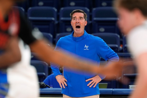 Air Force head coach Joe Scott in the second half of an NCAA college basketball game Tuesday, Feb. 6, 2024, at Air Force Academy, Colo. (AP Photo/David Zalubowski)