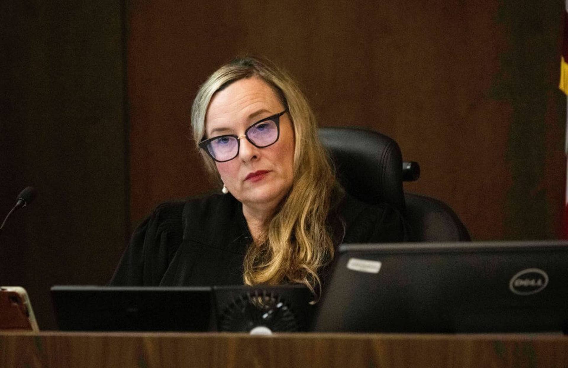 Judge H. Shaina Colover listens as attorney Daniel Dutko gives his closing arguments in the wrongful death lawsuit by the family of pitcher Tyler Skaggs against the Los Angeles Angels.