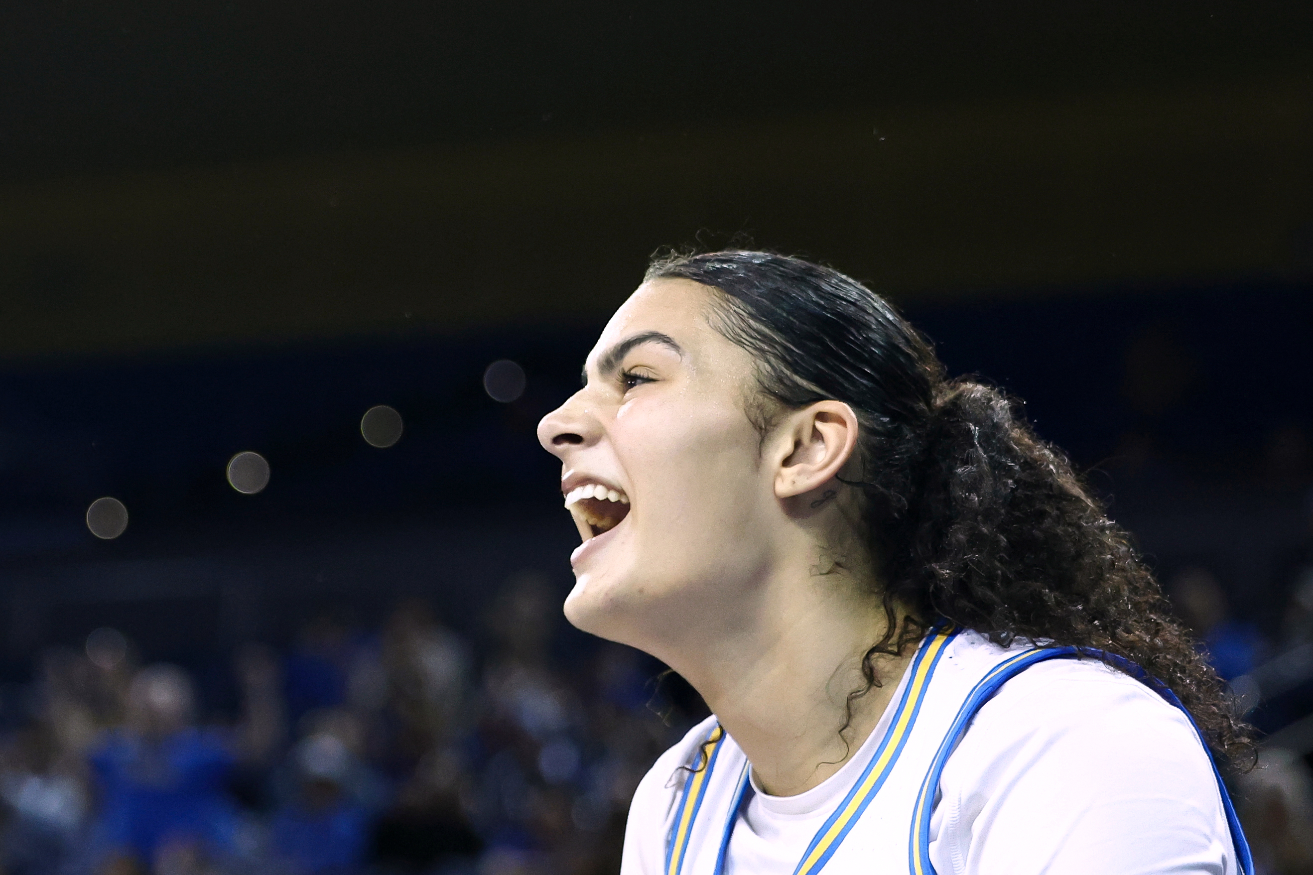 UCLA center Lauren Betts celebrates during the second half of...