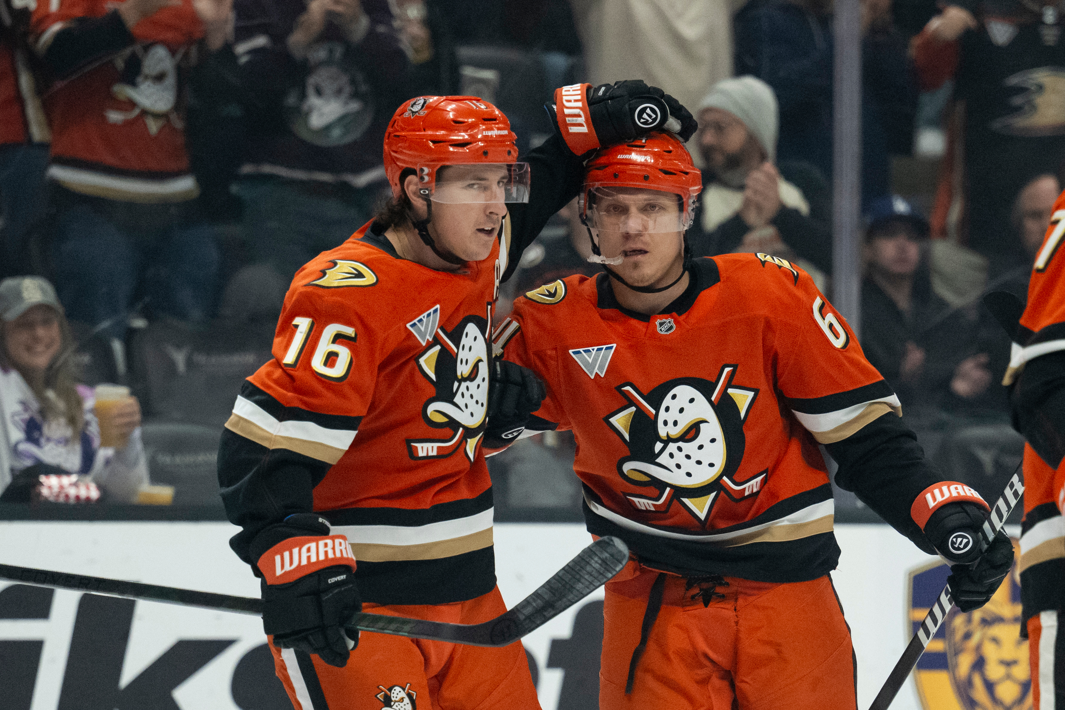 Ducks center Ryan Strome, left, and center Mikael Granlund celebrate...