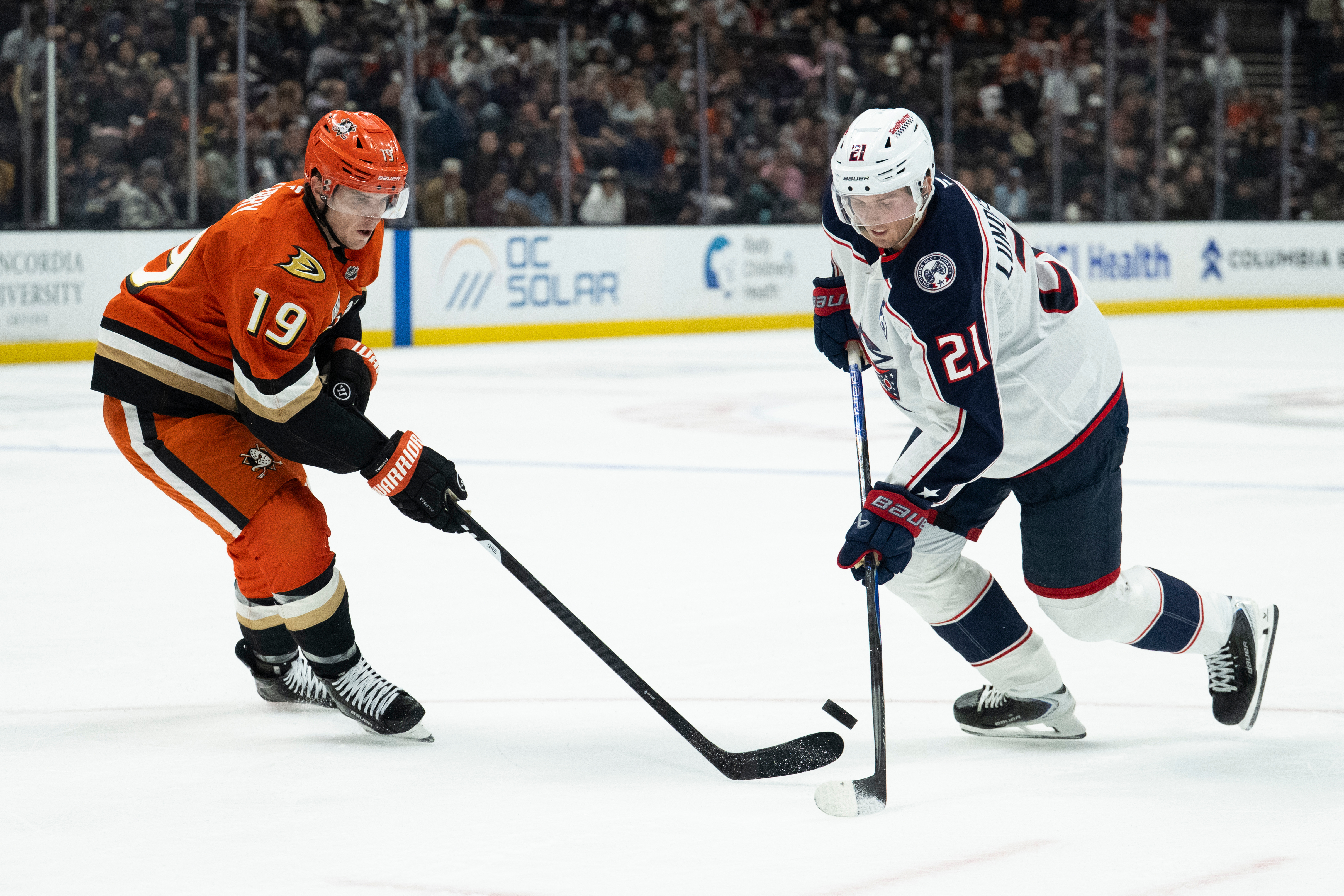 Ducks right wing Troy Terry, left, vies for the puck...
