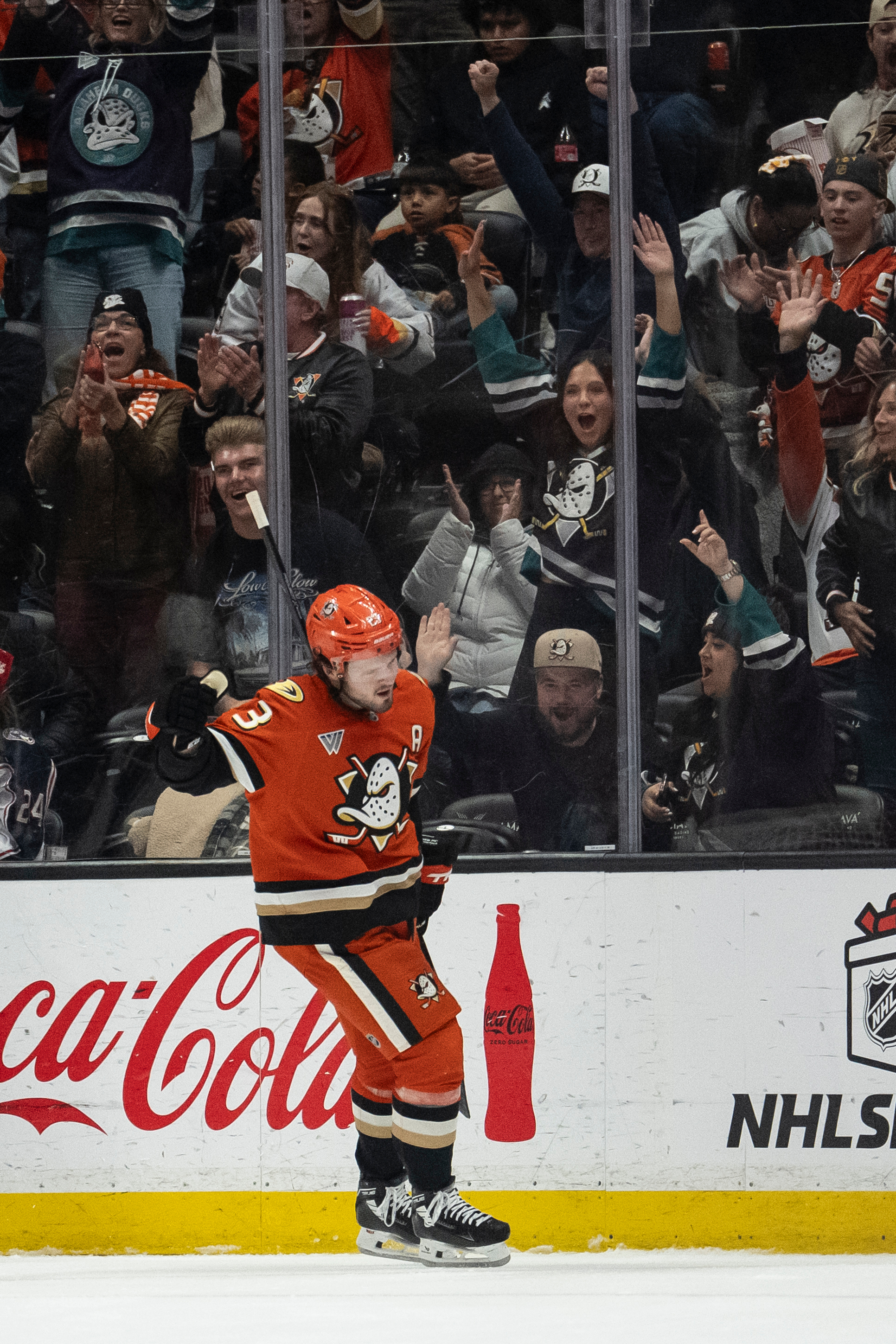 Ducks center Mason McTavish celebrates after his goal during the...