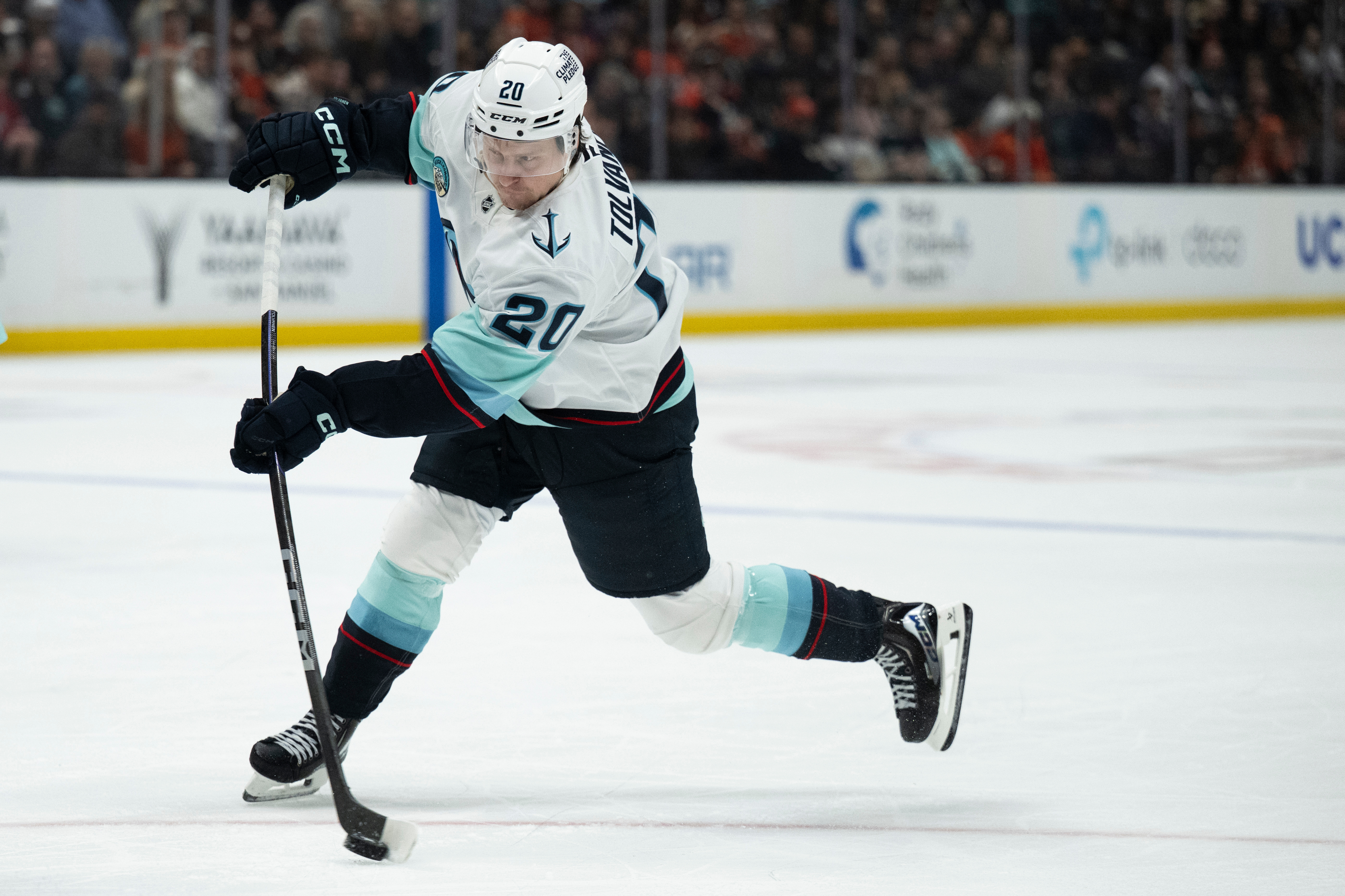 Seattle Kraken right wing Eeli Tolvanen shoots the puck during...