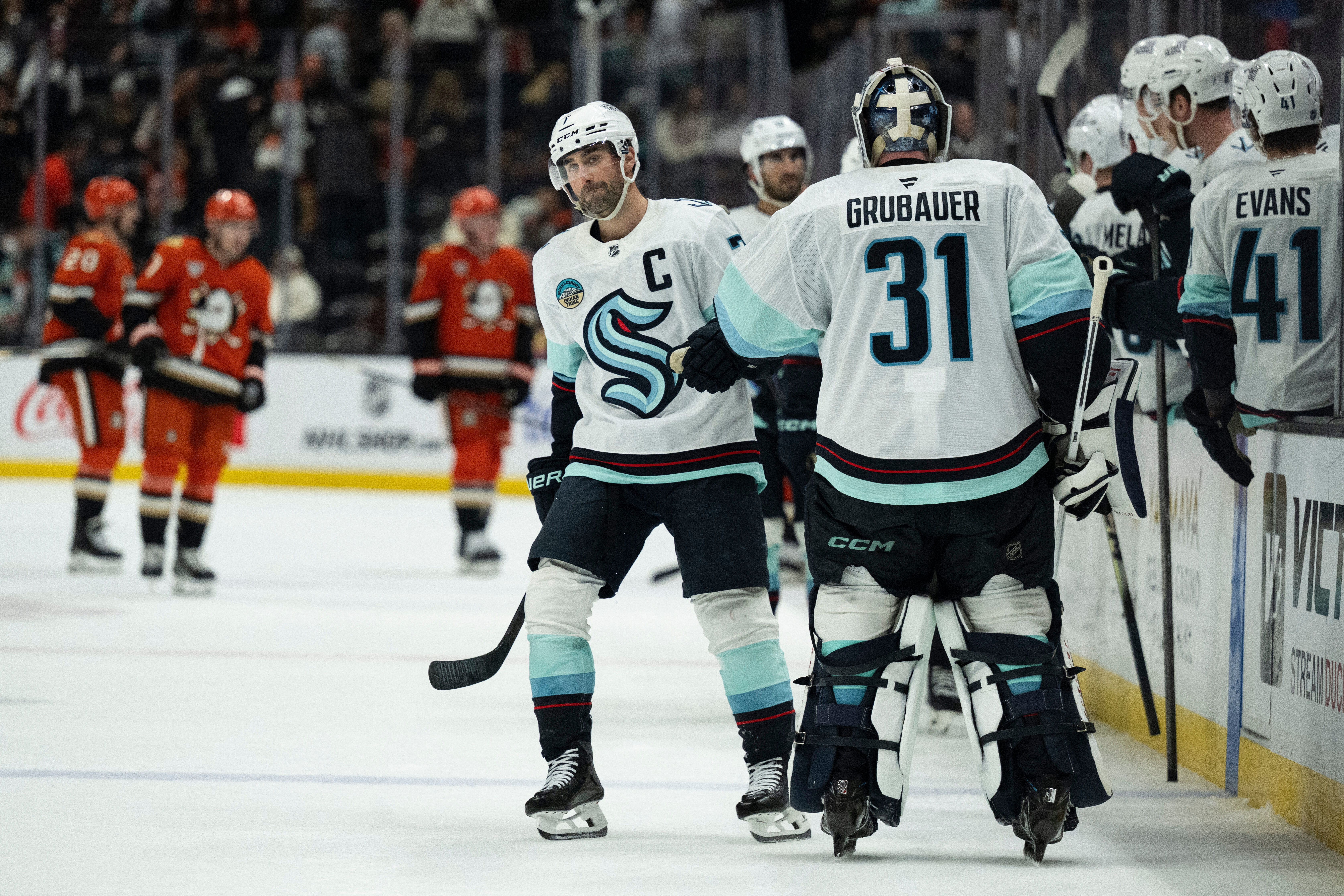 Seattle Kraken right wing Jordan Eberle (7) celebrates his goal...