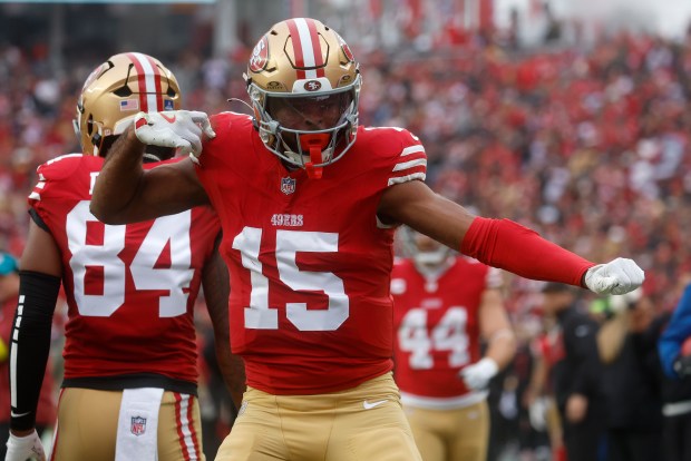 San Francisco 49ers' Jauan Jennings (15) celebrates his touchdown catch against the Tennessee Titans in the second quarter at Levi's Stadium in Santa Clara, Calif., on Sunday, Dec. 14, 2025. (Nhat V. Meyer/Bay Area News Group)