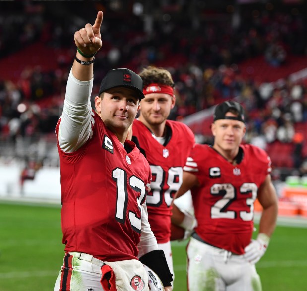 San Francisco 49ers starting quarterback Brock Purdy (13) gestures after defeating the Chicago Bears during their NFL game at Levi's Stadium in Santa Clara, Calif., on Sunday, Dec. 28, 2025. The San Francisco 49ers defeated the Chicago Bears 42-38. (Jose Carlos Fajardo/Bay Area News Group)