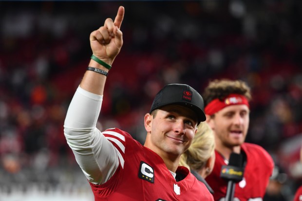 San Francisco 49ers starting quarterback Brock Purdy (13) gestures after defeating the Chicago Bears during their NFL game at Levi's Stadium in Santa Clara, Calif., on Sunday, Dec. 28, 2025. The San Francisco 49ers defeated the Chicago Bears 42-38. (Jose Carlos Fajardo/Bay Area News Group)