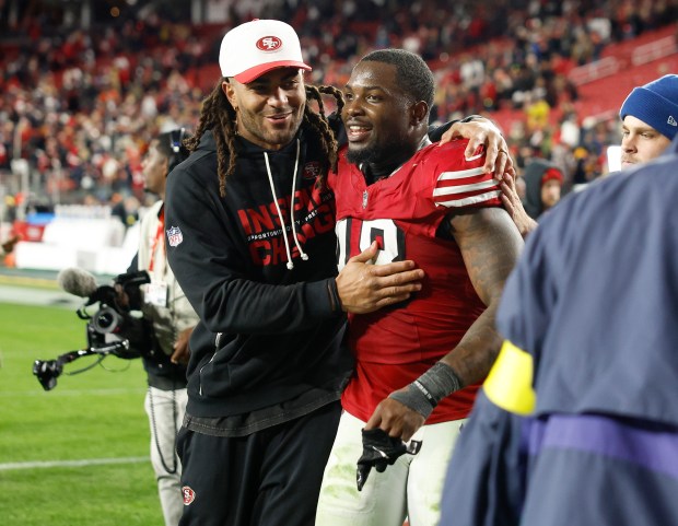 San Francisco 49ers' Fred Warner (54) congratulates San Francisco 49ers' Tatum Bethune (48) after beating the Chicago Bears 42-38 at Levi's Stadium in Santa Clara, Calif., on Sunday, Dec. 28, 2025. (Nhat V. Meyer/Bay Area News Group)