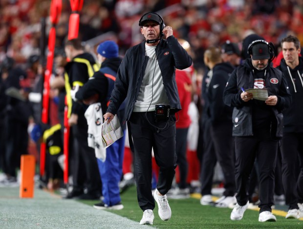 San Francisco 49ers head coach Kyle Shanahan walks on the sidelines during their game against the Chicago Bears in the fourth quarter at Levi's Stadium in Santa Clara, Calif., on Sunday, Dec. 28, 2025. (Nhat V. Meyer/Bay Area News Group)