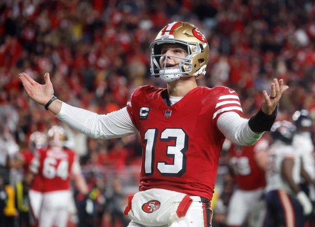 San Francisco 49ers starting quarterback Brock Purdy (13) celebrates his touchdown run against the Chicago Bears in the first quarter at Levi's Stadium in Santa Clara, Calif., on Sunday, Dec. 28, 2025. (Nhat V. Meyer/Bay Area News Group)