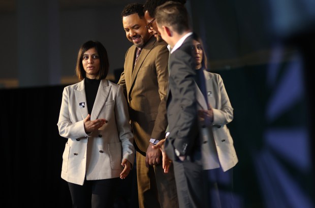 Bay Area Host Committee President and CEO Zaileen Janmohamed, left, takes part in the BAHC Speaker Series and Impact Award event at Levi's Stadium on Thursday, Dec. 11, 2025, in Santa Clara, Calif. (Aric Crabb/Bay Area News Group)