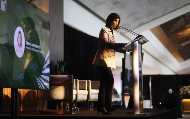 Bay Area Host Committee President and CEO Zaileen Janmohamed takes part in the BAHC Speaker Series and Impact Award event at Levi's Stadium on Thursday, Dec. 11, 2025, in Santa Clara, Calif. (Aric Crabb/Bay Area News Group)