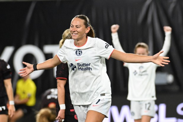 Bay FC midfielder Taylor Huff celebrates after scoring a goal against Portland on Saturday, Oct. 4, 2025. Portland won the game 2-1. (Photo by Dante'y Buitureida / Courtesy of Bay FC)