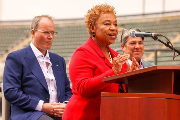 Oakland Mayor Barbara Lee speaks as Major League Cricket CEO Johnny Grace, left, and former Oakland councilmember Rebecca Kaplan look on during a press conference a day before the inaugural Major League Cricket season at the Oakland Coliseum in Oakland, Calif., on Wednesday, June 11, 2025. The opening game between the San Francisco Unicorns and the Washington Freedom is scheduled for Thursday at 6:00 p.m. (Ray Chavez/Bay Area News Group)