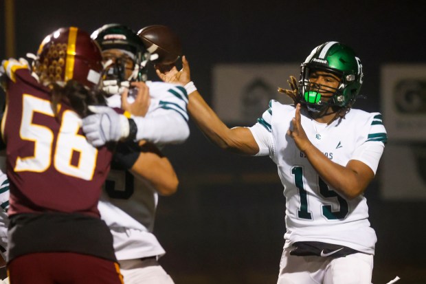 El Cerrito's quarterback Dejuan Compton Jr. (15) throws the ball against Menlo-Atherton in the third quarter during the NorCal Division 4-A championship at Menlo-Atherton High School in Atherton, Calif., on Saturday, Dec. 6, 2025. (Shae Hammond/Bay Area News Group)