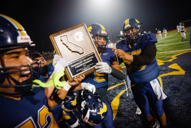 Lincoln celebrates after winning against Gridley during the CIF NorCal championship game at Lincoln High School in San Jose, Calif., on Friday, Dec. 5, 2025. (Shae Hammond/Bay Area News Group)