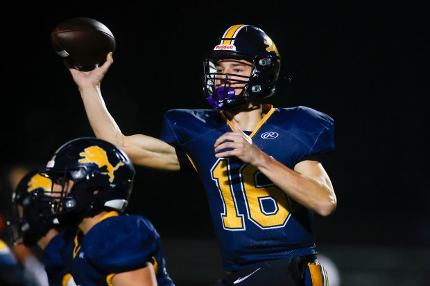 Lincoln's Lucas Papoulias (16) throws the ball against Gridley in the third quarter during the CIF NorCal championship game at Lincoln High School in San Jose, Calif., on Friday, Dec. 5, 2025. (Shae Hammond/Bay Area News Group)