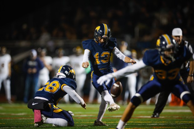 Lincoln's Leo Molina (13) kicks a field goal against Gridely in the first quarter during the CIF NorCal championship game at Lincoln High School in San Jose, Calif., on Friday, Dec. 5, 2025. (Shae Hammond/Bay Area News Group)