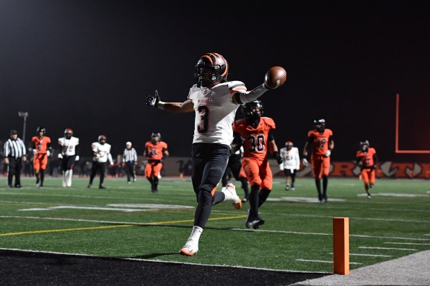 Central East's Andrew Garcia (3) scores a touchdown against Pittsburg in the first quarter of their CIF NorCal Division 1-A Championship game at Pittsburg High School in Pittsburg, Calif., on Saturday, Dec. 6, 2025. Central East defeats Pittsburg 55-36. (Jose Carlos Fajardo/Bay Area News Group)
