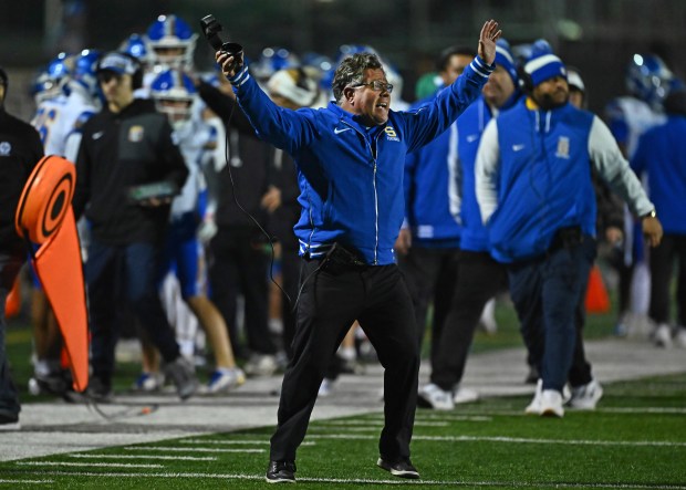 Serra head coach Patrick Walsh tries to get the attention of his players as they attempt to score a touchdown against Saint Mary's in the fourth quarter of their CIF NorCal Division 2-AA Championship game at Saint Mary's High School in Stockton, Calif., on Friday, Dec. 5, 2025. Saint Mary's defeated Serra 31-24. (Jose Carlos Fajardo/Bay Area News Group)
